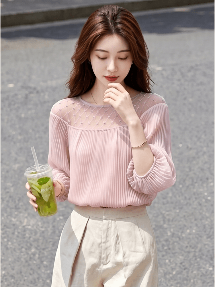 2026 여름 새로운 프랑스식 부드러운 바람 핑크색 거품 소매 맨위 여성 빛 요리 한 우아함 홀로우 아웃 디자인 센스 연령 감소 상세 이미지 4