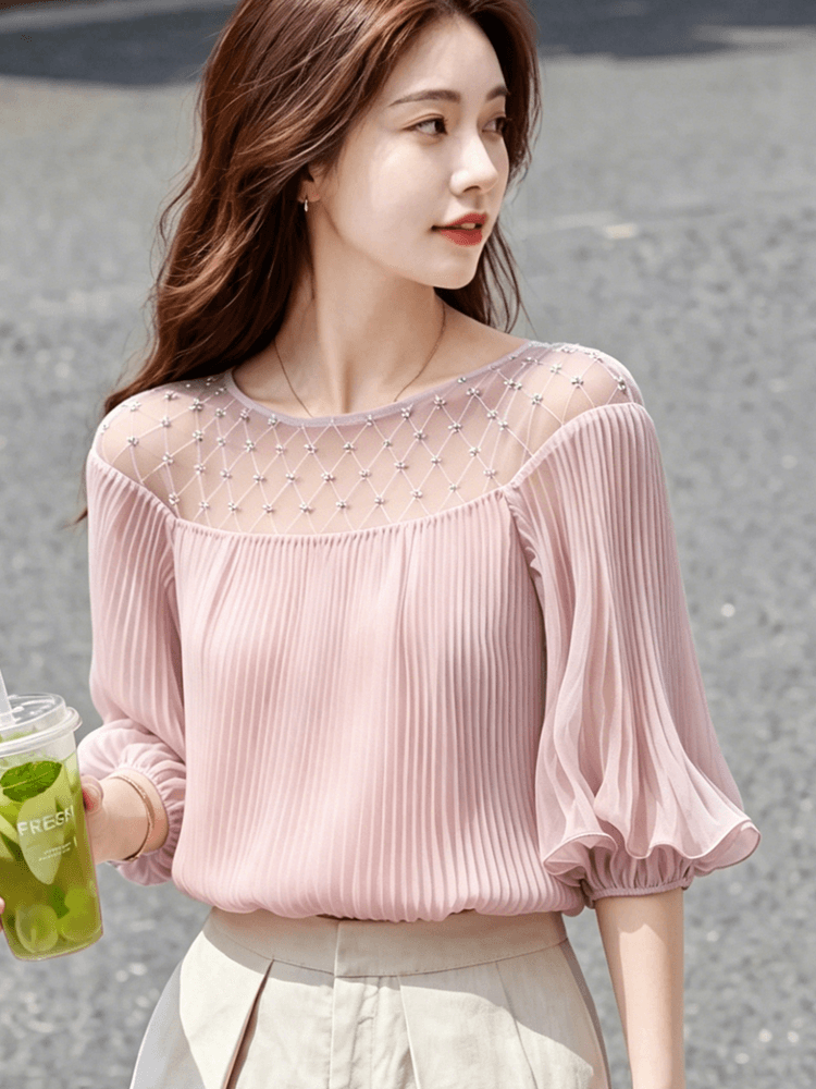 2026 여름 새로운 프랑스식 부드러운 바람 핑크색 거품 소매 맨위 여성 빛 요리 한 우아함 홀로우 아웃 디자인 센스 연령 감소 상세 이미지 7