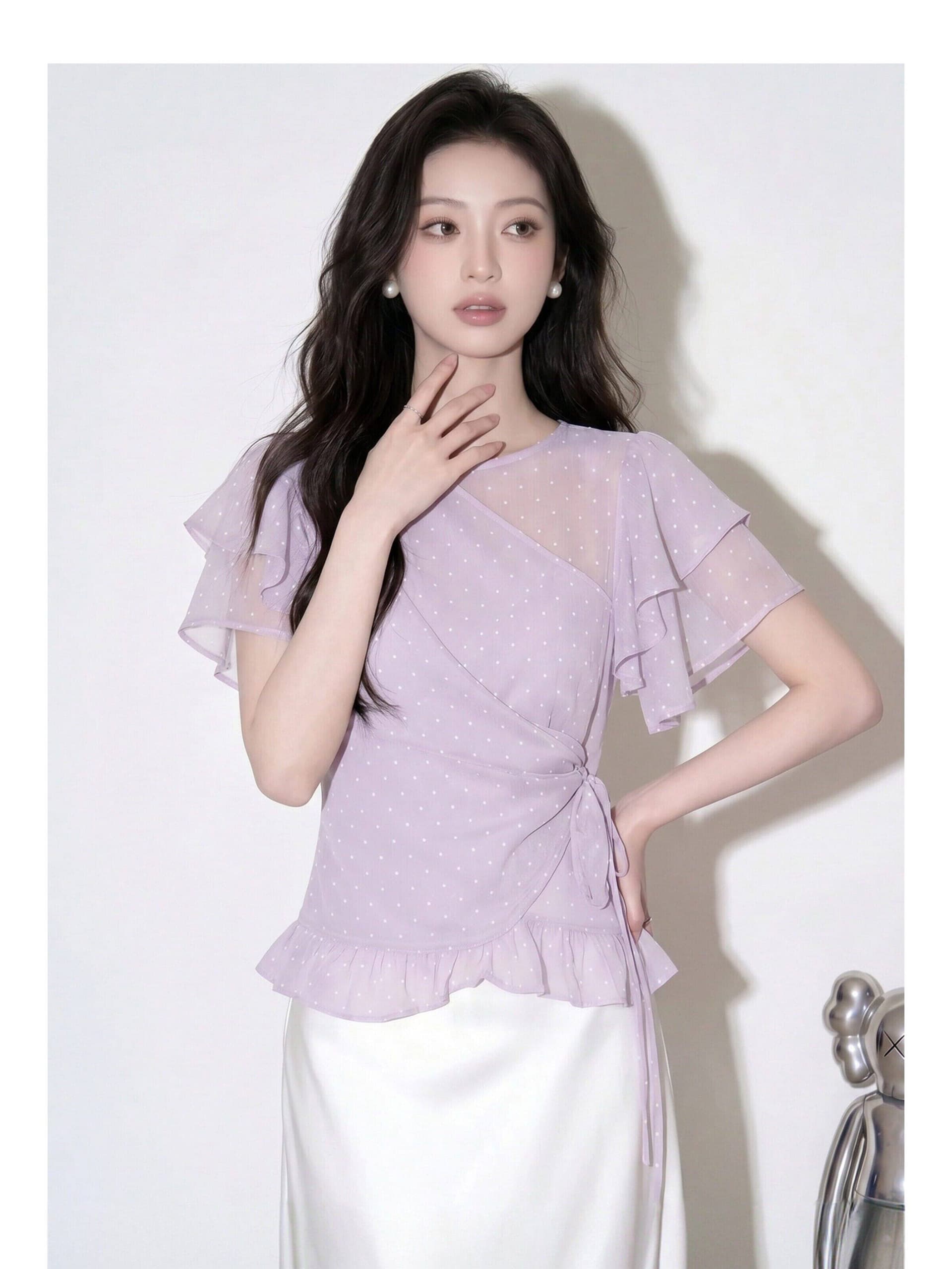 여름 새로운 2026 품격 보라색 도트 무늬 주름 마이크로 ~을 통해 작은 셔츠 캐주얼 레이스업 프릴 반팔 맨위 여성 상세 이미지 6