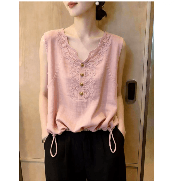 프랑스식 패션 바람 민소매 맨위 여성 2026 년 여름 새로운 핑크색 레이스 단추 조끼 출퇴근 디자인 센스 이미지 2