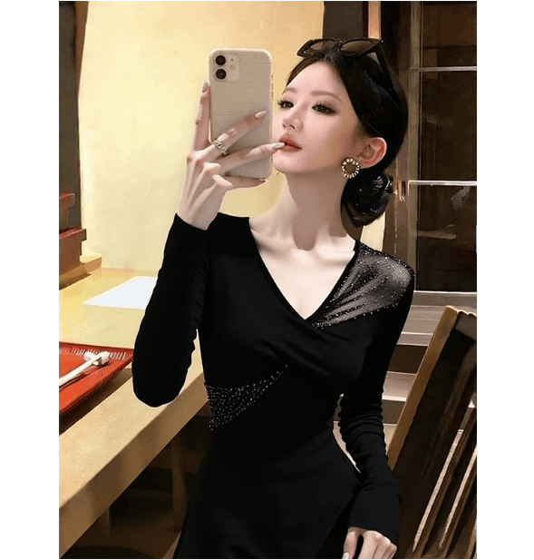Chic 달콤한 핫걸 핫픽스 검정색 V넥 연삭 털 기본 셔츠 여성 인사이드 가져 가라. 가을 겨울 망사 패치워크 긴팔 티셔츠 맨위