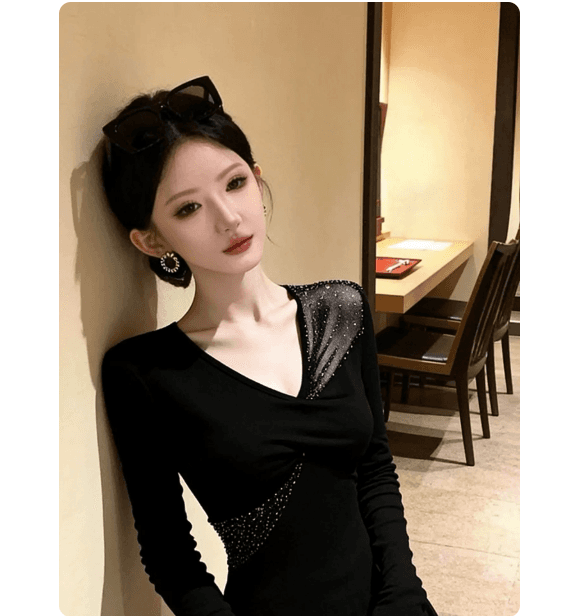 Chic 달콤한 핫걸 핫픽스 검정색 V넥 연삭 털 기본 셔츠 여성 인사이드 가져 가라. 가을 겨울 망사 패치워크 긴팔 티셔츠 맨위 이미지 2