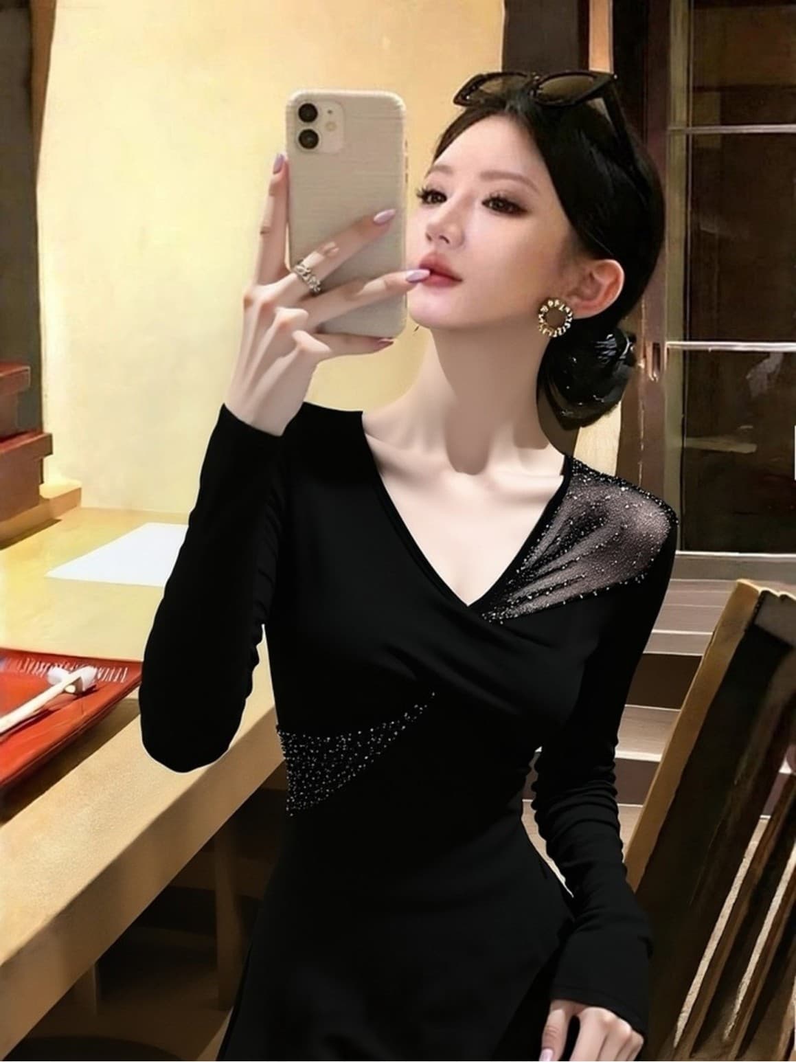 Chic 달콤한 핫걸 핫픽스 검정색 V넥 연삭 털 기본 셔츠 여성 인사이드 가져 가라. 가을 겨울 망사 패치워크 긴팔 티셔츠 맨위 상세 이미지 2