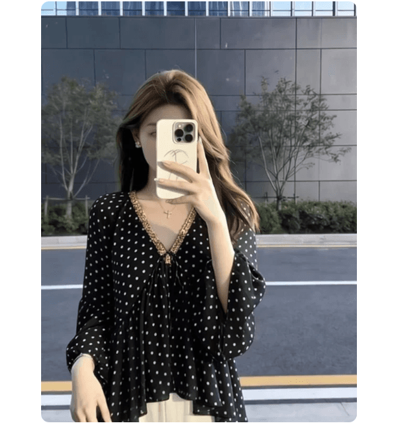 검정색 도트 무늬 쉬폰 여성 셔츠 고급 센스 빛 럭셔리 연령 감소 외국 가스 프랑스식 사소한 고유 한 Chic V넥 맨위 이미지 3