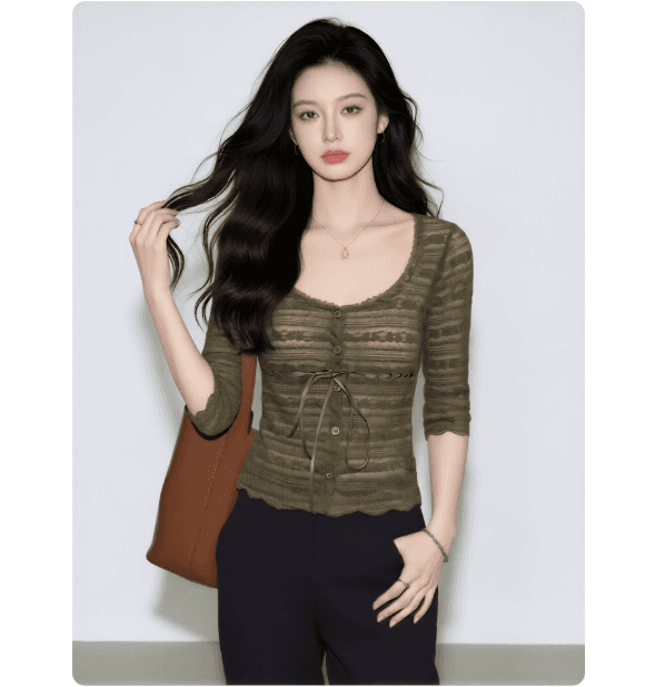프랑스식 녹색 레이스업 몸매 가꾸기 레이스 티셔츠 여성 2026 새로운 여름 고유 한 자이언트 잘 생긴 사소한 아름다운 맨위 이미지 4