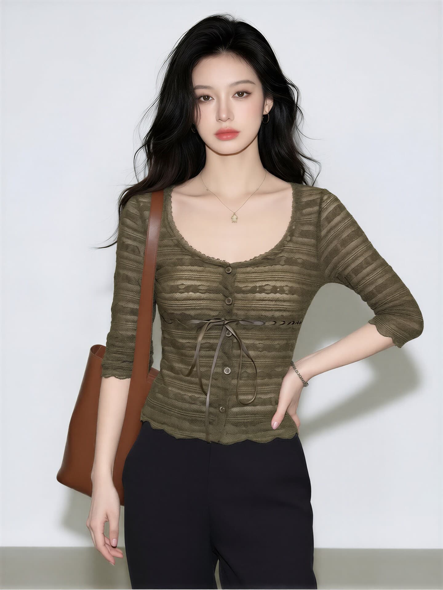 프랑스식 녹색 레이스업 몸매 가꾸기 레이스 티셔츠 여성 2026 새로운 여름 고유 한 자이언트 잘 생긴 사소한 아름다운 맨위 상세 이미지 4