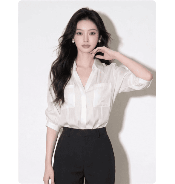 7부 소매 V넥 쉬폰 여성 셔츠 여름 프랑스식 고유 한 아름다운 자이언트 잘 생긴 Chic 맨위 이미지 4