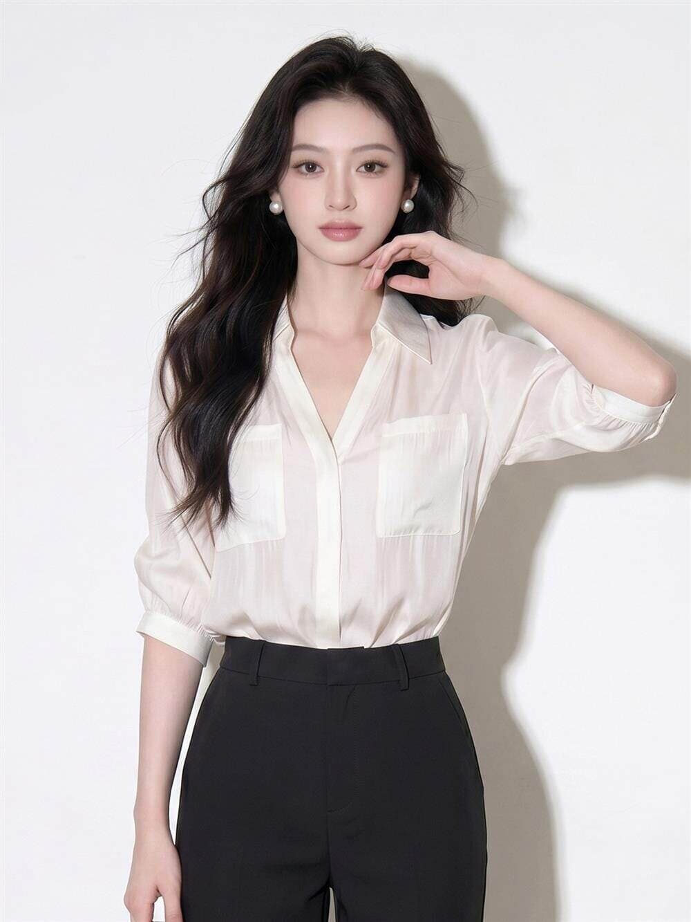 7부 소매 V넥 쉬폰 여성 셔츠 여름 프랑스식 고유 한 아름다운 자이언트 잘 생긴 Chic 맨위 상세 이미지 6