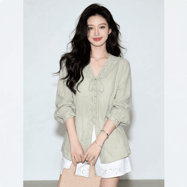 프랑스식 느긋한 바람 콩 그린 색상 레이스 업 셔츠 여성 작은 대중 디자인 센스 7부 소매 품격 느슨함 센스 연령 감소 맨위 이미지 3