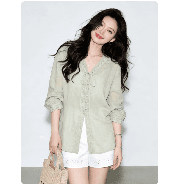 프랑스식 느긋한 바람 콩 그린 색상 레이스 업 셔츠 여성 작은 대중 디자인 센스 7부 소매 품격 느슨함 센스 연령 감소 맨위 이미지 2