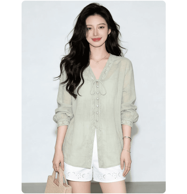 프랑스식 느긋한 바람 콩 그린 색상 레이스 업 셔츠 여성 작은 대중 디자인 센스 7부 소매 품격 느슨함 센스 연령 감소 맨위