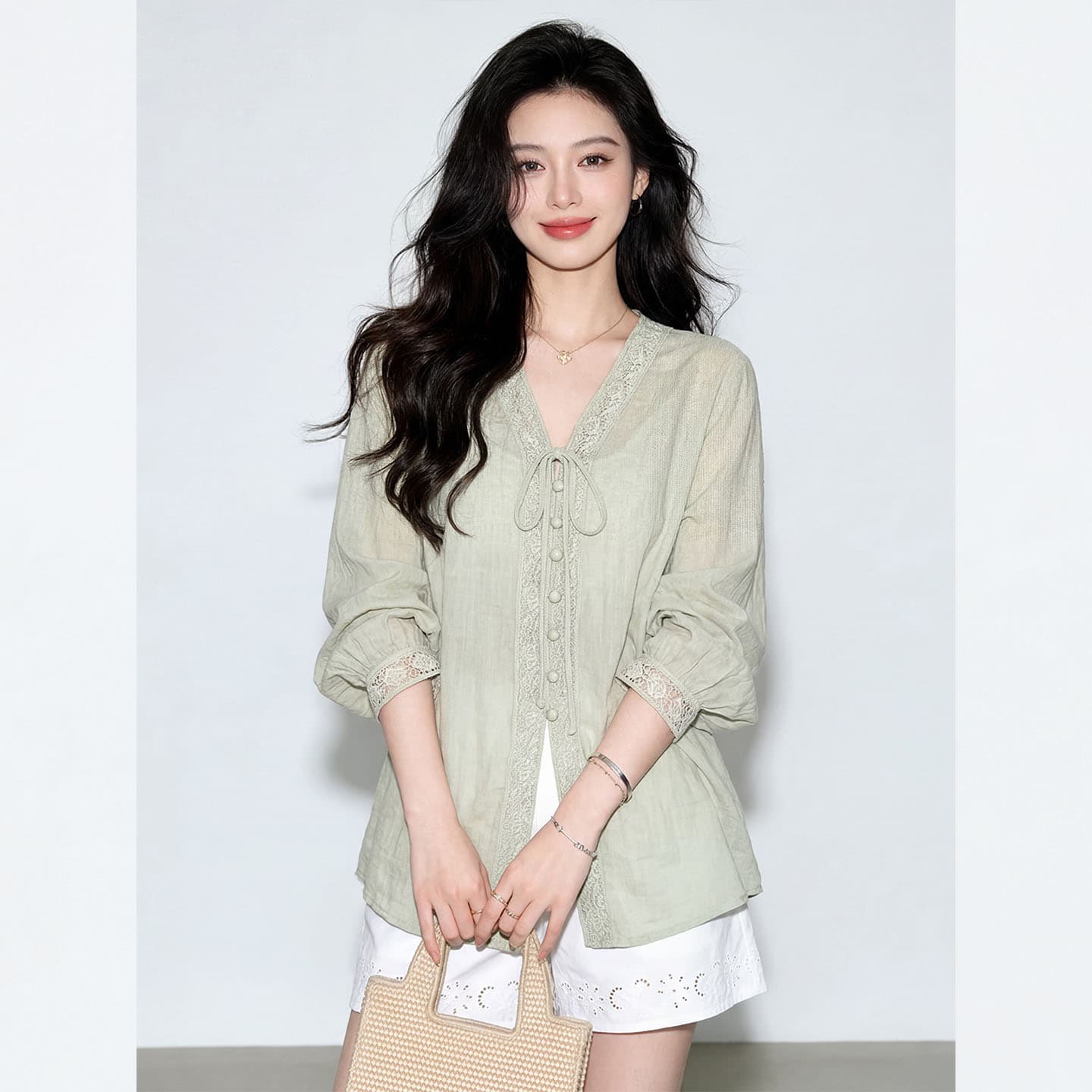 프랑스식 느긋한 바람 콩 그린 색상 레이스 업 셔츠 여성 작은 대중 디자인 센스 7부 소매 품격 느슨함 센스 연령 감소 맨위 상세 이미지 2