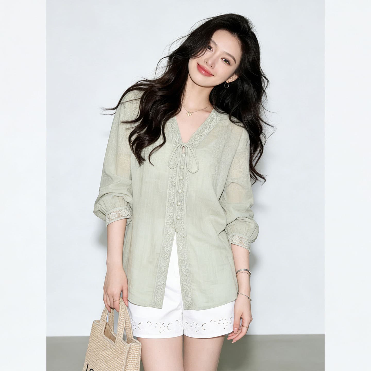프랑스식 느긋한 바람 콩 그린 색상 레이스 업 셔츠 여성 작은 대중 디자인 센스 7부 소매 품격 느슨함 센스 연령 감소 맨위 상세 이미지 3