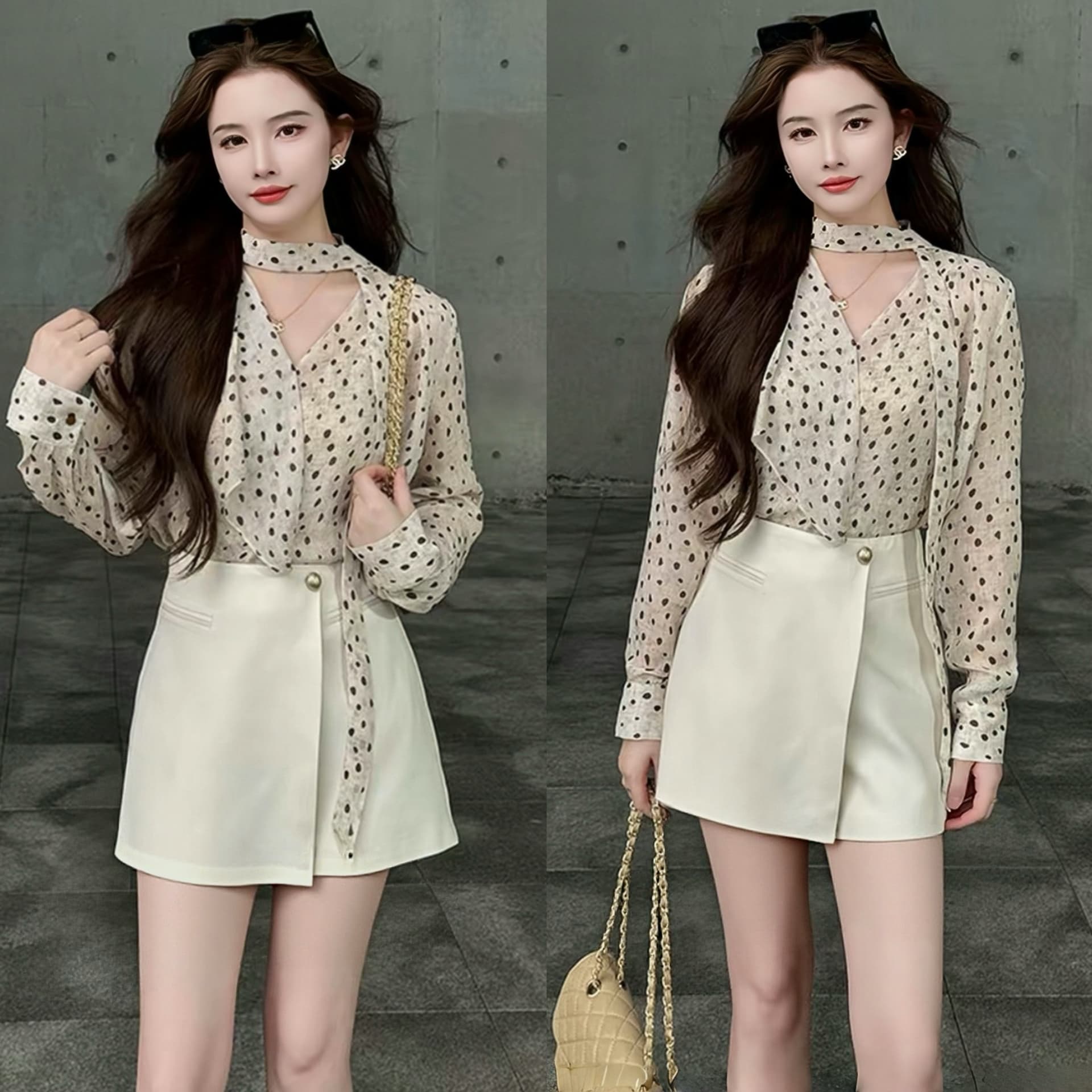 고급 센스 도트 무늬 쉬폰 여성 셔츠 여름 긴팔 프랑스식 빛 요리 한 바람 패션 품격 행침 목 리본 자외선 차단 맨위 상세 이미지 1
