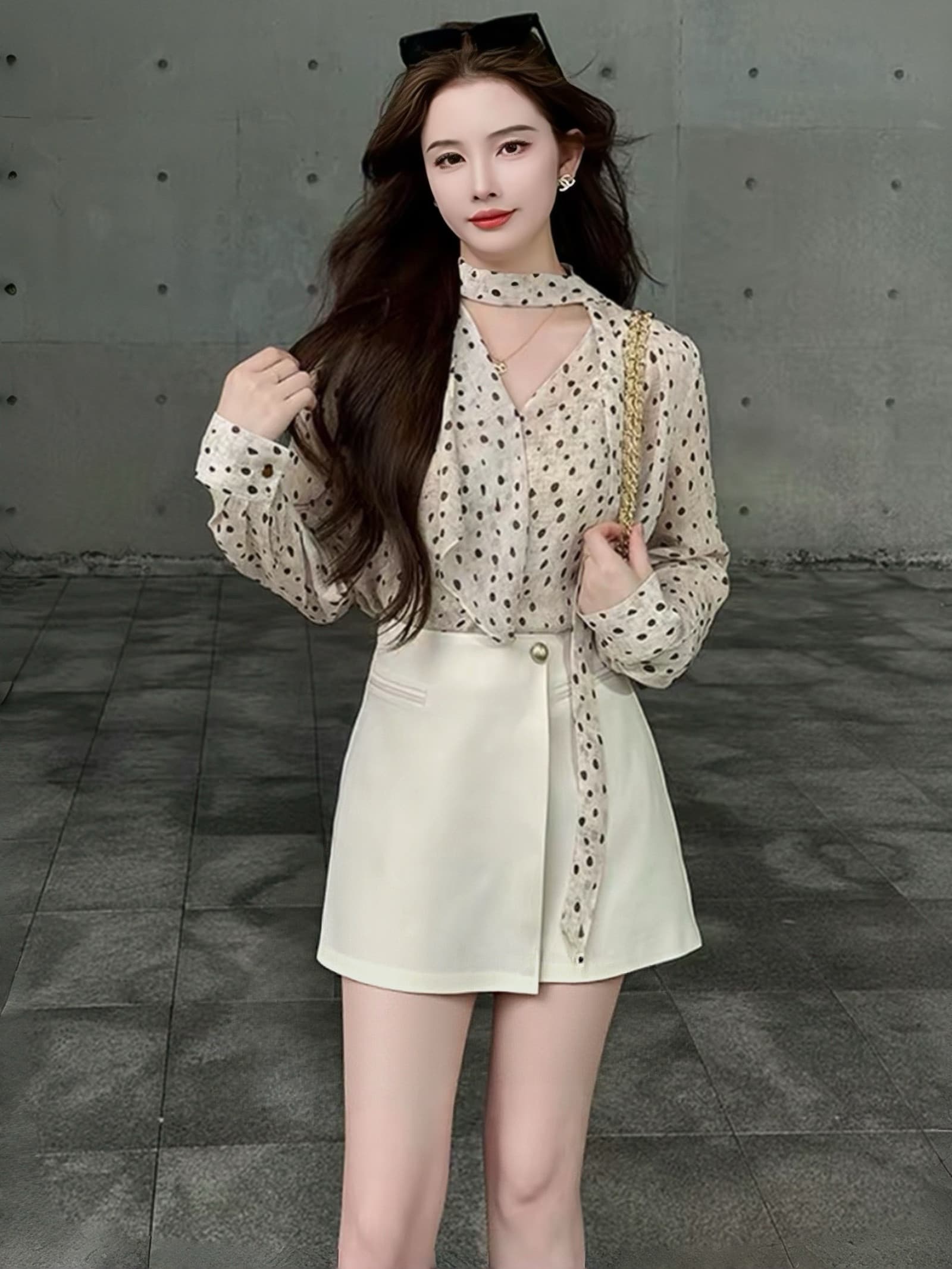 고급 센스 도트 무늬 쉬폰 여성 셔츠 여름 긴팔 프랑스식 빛 요리 한 바람 패션 품격 행침 목 리본 자외선 차단 맨위 상세 이미지 3