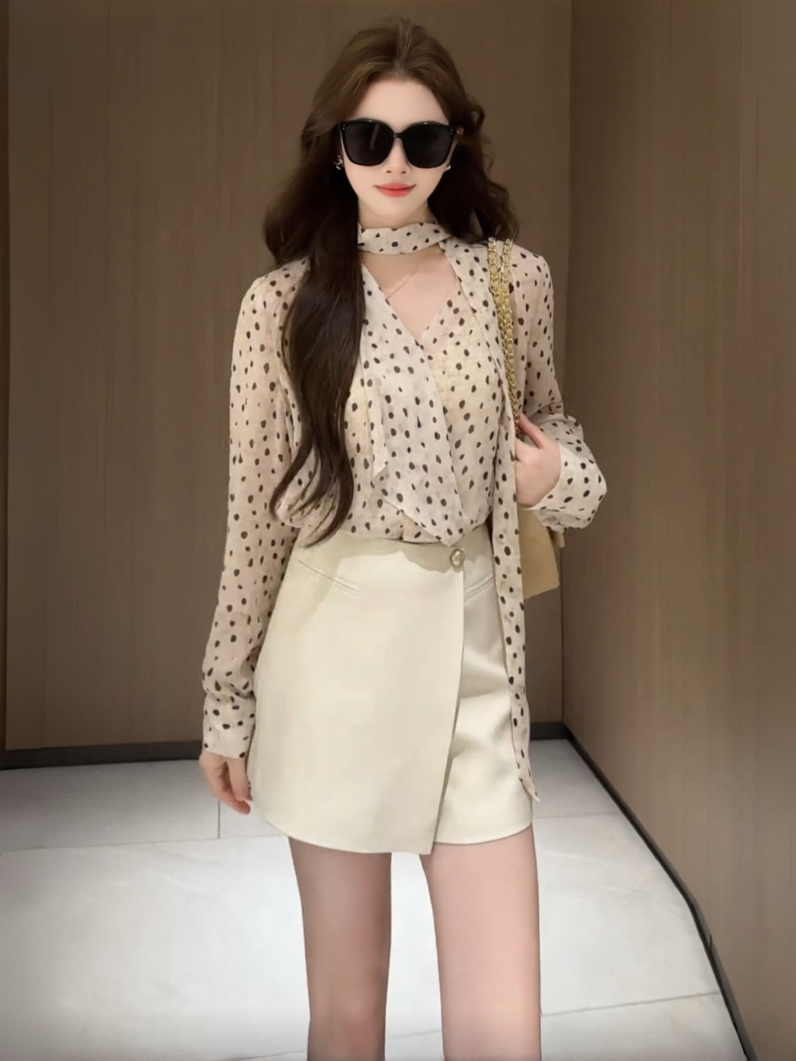 고급 센스 도트 무늬 쉬폰 여성 셔츠 여름 긴팔 프랑스식 빛 요리 한 바람 패션 품격 행침 목 리본 자외선 차단 맨위 상세 이미지 8