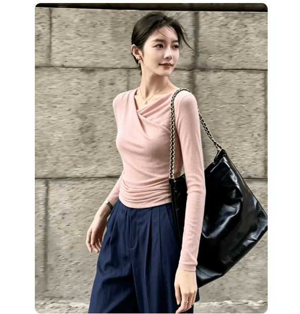 한 부서 chic 아름다운 핑크색 펌프 Pleat 긴팔 기본 셔츠 여성 이른 가을 새로운 다용도 미니멀리즘 몸매 가꾸기 풀오버 맨위 이미지 2