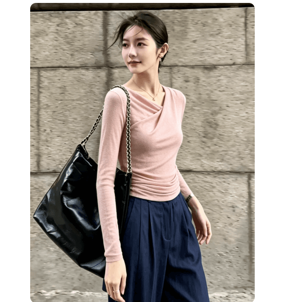 한 부서 chic 아름다운 핑크색 펌프 Pleat 긴팔 기본 셔츠 여성 이른 가을 새로운 다용도 미니멀리즘 몸매 가꾸기 풀오버 맨위