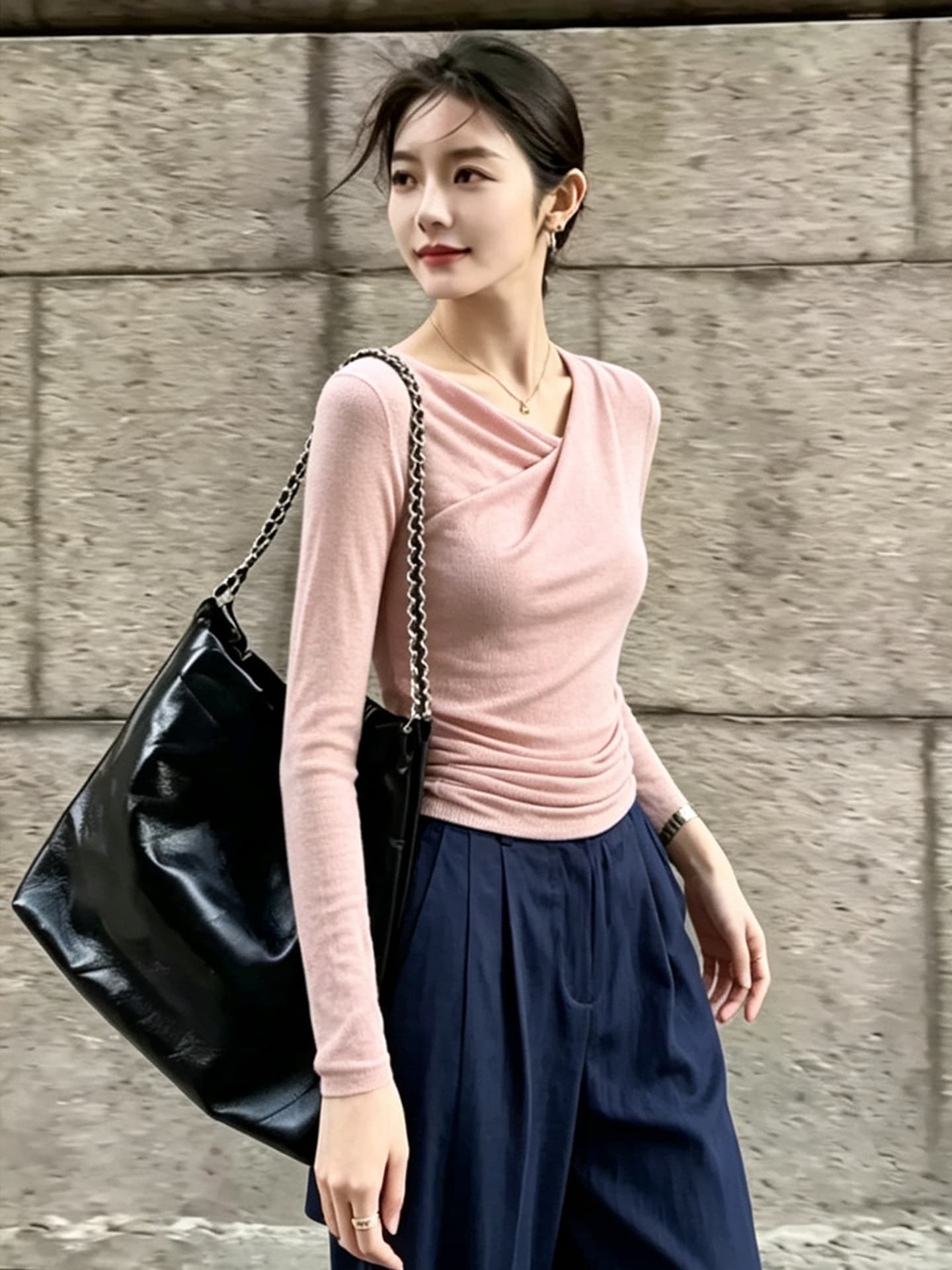 한 부서 chic 아름다운 핑크색 펌프 Pleat 긴팔 기본 셔츠 여성 이른 가을 새로운 다용도 미니멀리즘 몸매 가꾸기 풀오버 맨위 상세 이미지 2