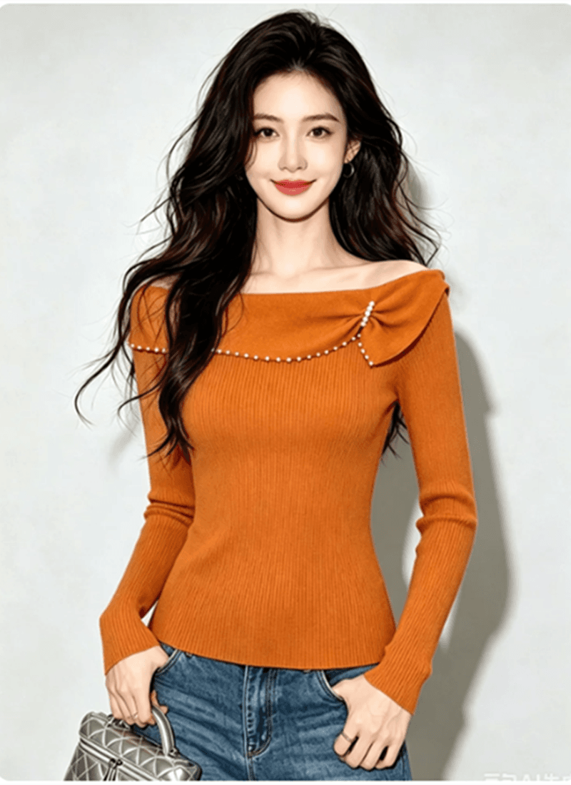 가을 의상 부드러운 바람 달콤함 연령 감소 긴팔 니트 스웨터 여성 와이드 부드러운 찹쌀 비즈 박기 프릴 보트넥 맨위 상세 이미지 2