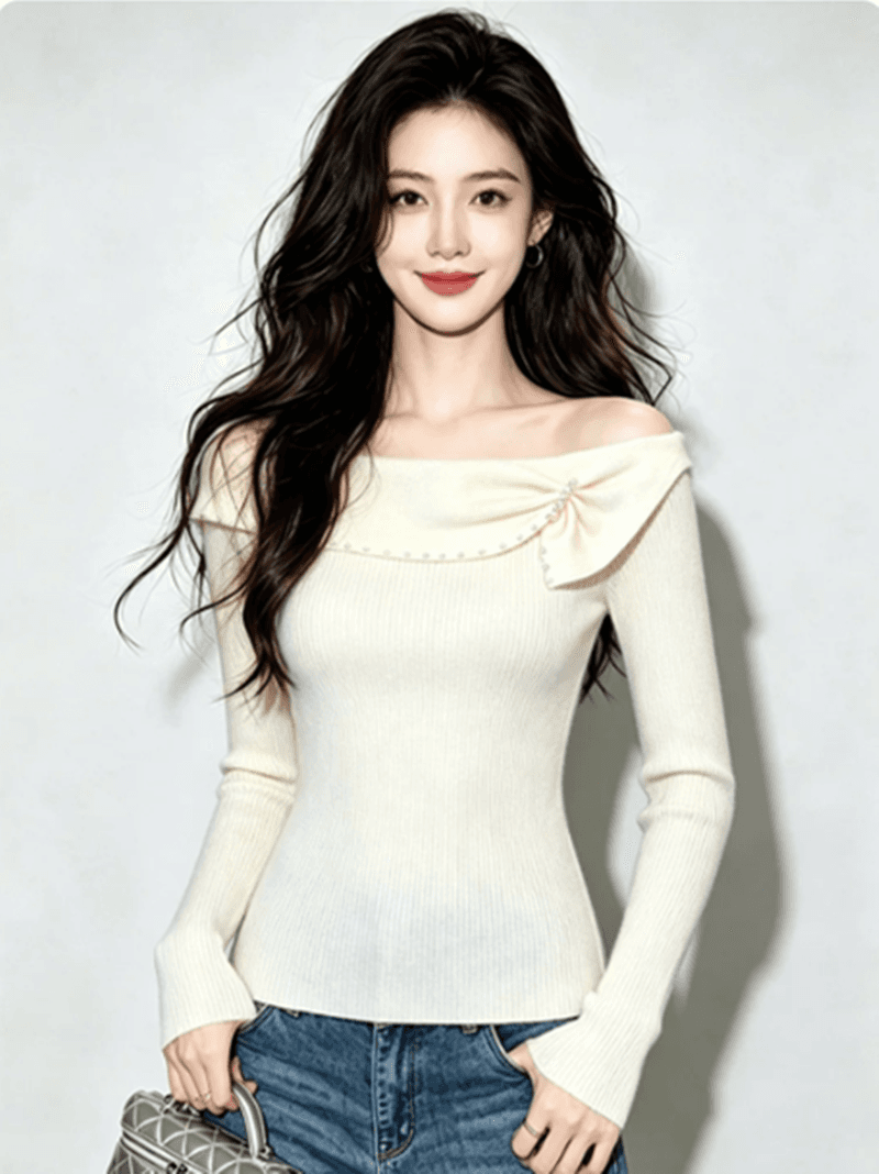 가을 의상 부드러운 바람 달콤함 연령 감소 긴팔 니트 스웨터 여성 와이드 부드러운 찹쌀 비즈 박기 프릴 보트넥 맨위 상세 이미지 3