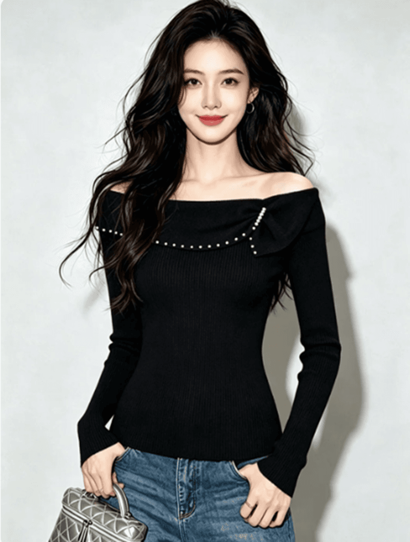 가을 의상 부드러운 바람 달콤함 연령 감소 긴팔 니트 스웨터 여성 와이드 부드러운 찹쌀 비즈 박기 프릴 보트넥 맨위 상세 이미지 4
