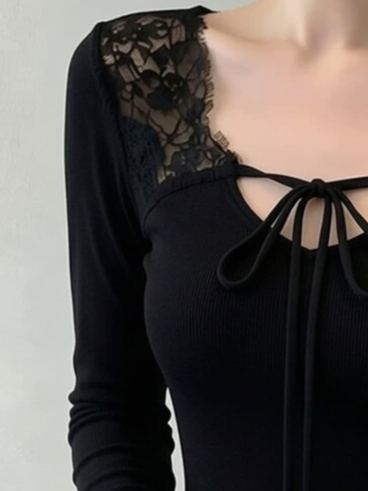 이른 가을 순수한 욕망 섹시함 달콤한 핫걸 레이스 조각 긴팔 티셔츠 여성 기본 셔츠 인사이드 가져 가라. 외출용 미니멀리즘 바람 맨위 상세 이미지 3