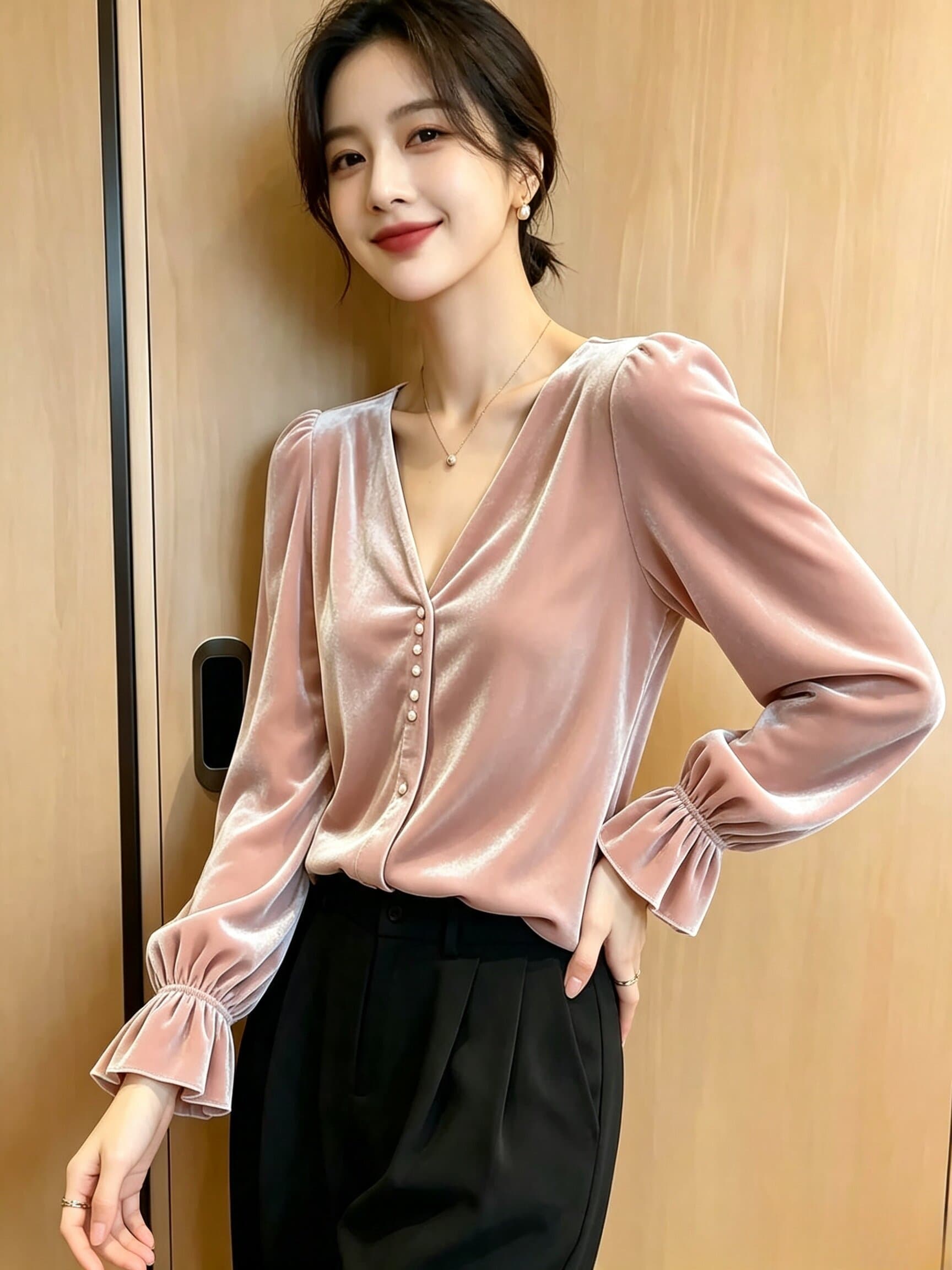 유럽 상품 고급 빛 럭셔리 진주 버클 긴팔 여성 셔츠 가을 대양 품격 프랑스식 벨벳 V넥 프릴 맨위 상세 이미지 6
