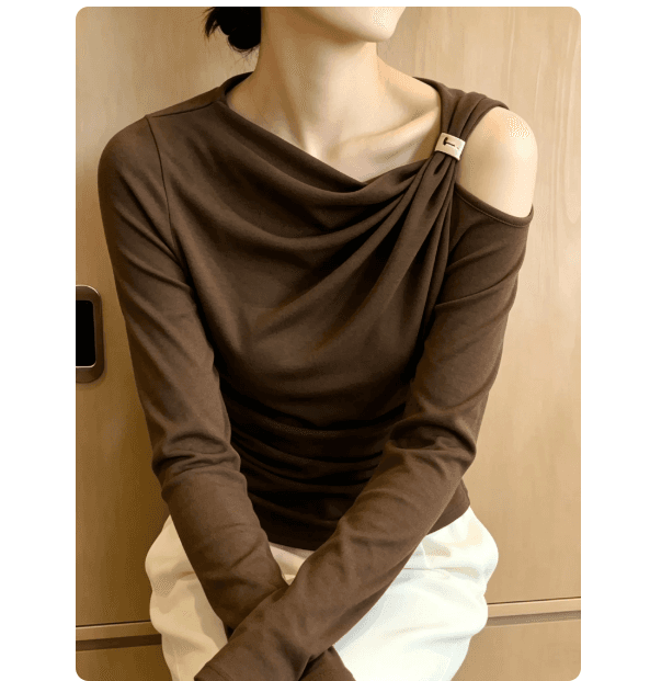 프랑스식 쇄골 오프숄더 비스듬한 어깨 티셔츠 여성 이른 가을 빅 사이즈 몸매 가꾸기 숄더백 오프숄더 긴팔 작은 맨위 고급 센스 이미지 4