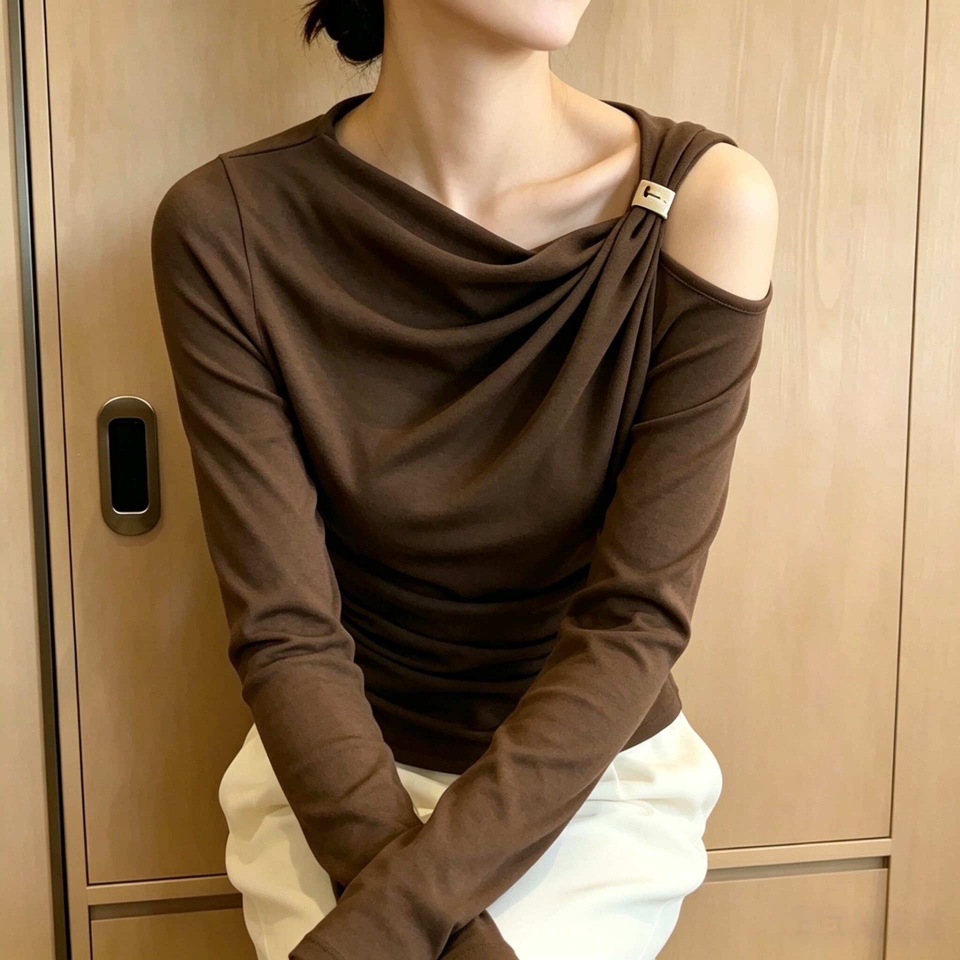 프랑스식 쇄골 오프숄더 비스듬한 어깨 티셔츠 여성 이른 가을 빅 사이즈 몸매 가꾸기 숄더백 오프숄더 긴팔 작은 맨위 고급 센스 상세 이미지 6