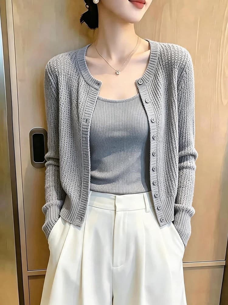 빛 요리 한 바람 회색 양모 오픈 가디건 여성 세련된 외국 가스 슈퍼 잘 생긴 작은 대중 긴팔 니트 스웨터 슬림해 보이는 다용도 맨위 상세 이미지 2