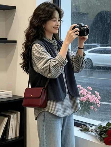 고급 센스 격자 무늬 셔츠 여성 2026 년 봄 가을 새로운 페이크 레이어드 베스트 스택 착용 루즈핏 슬림해 보이는 맨위 이미지 2
