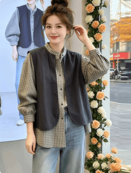 고급 센스 격자 무늬 셔츠 여성 2026 년 봄 가을 새로운 페이크 레이어드 베스트 스택 착용 루즈핏 슬림해 보이는 맨위