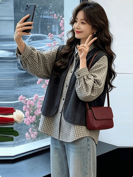 고급 센스 격자 무늬 셔츠 여성 2026 년 봄 가을 새로운 페이크 레이어드 베스트 스택 착용 루즈핏 슬림해 보이는 맨위 이미지 3