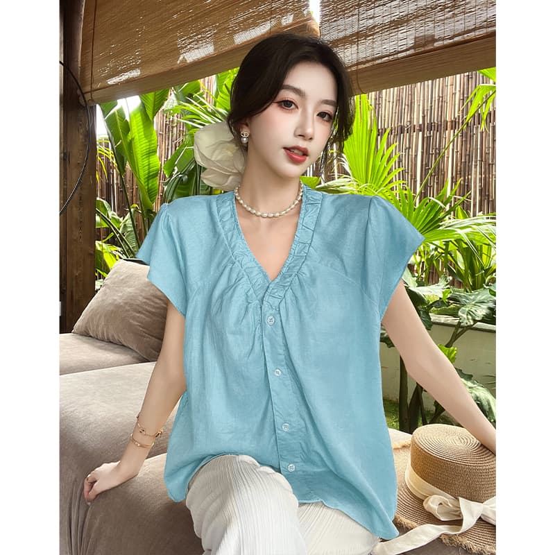 한 부서 2026 여름 새로운 디자인 센스 빅 브이 넥 마이크로 ~을 통해 Feifei 소매 면 린넨 반팔 여성 짧은 작은 셔츠 맨위 이미지 3