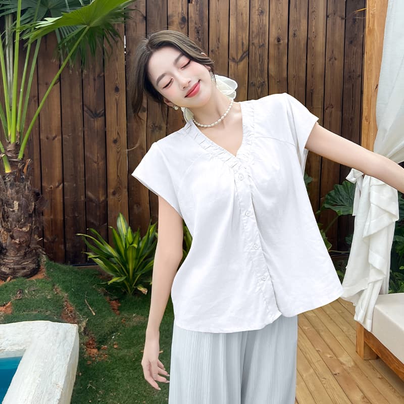한 부서 2026 여름 새로운 디자인 센스 빅 브이 넥 마이크로 ~을 통해 Feifei 소매 면 린넨 반팔 여성 짧은 작은 셔츠 맨위 이미지 5
