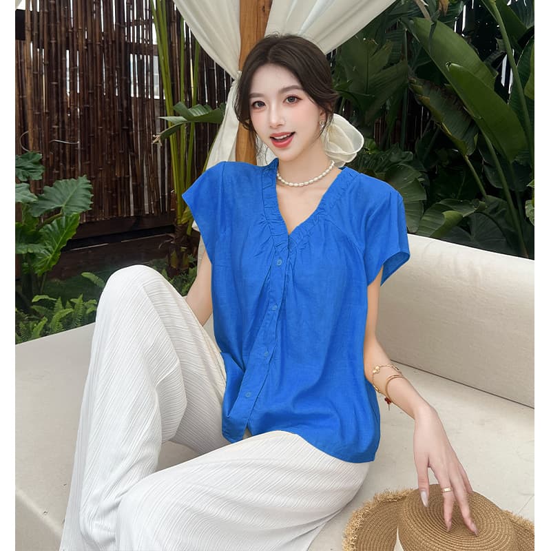 한 부서 2026 여름 새로운 디자인 센스 빅 브이 넥 마이크로 ~을 통해 Feifei 소매 면 린넨 반팔 여성 짧은 작은 셔츠 맨위 이미지 6