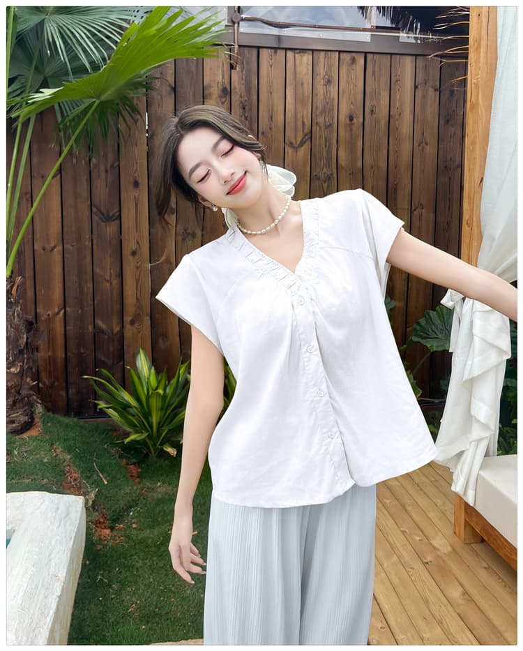 한 부서 2026 여름 새로운 디자인 센스 빅 브이 넥 마이크로 ~을 통해 Feifei 소매 면 린넨 반팔 여성 짧은 작은 셔츠 맨위 상세 이미지 23
