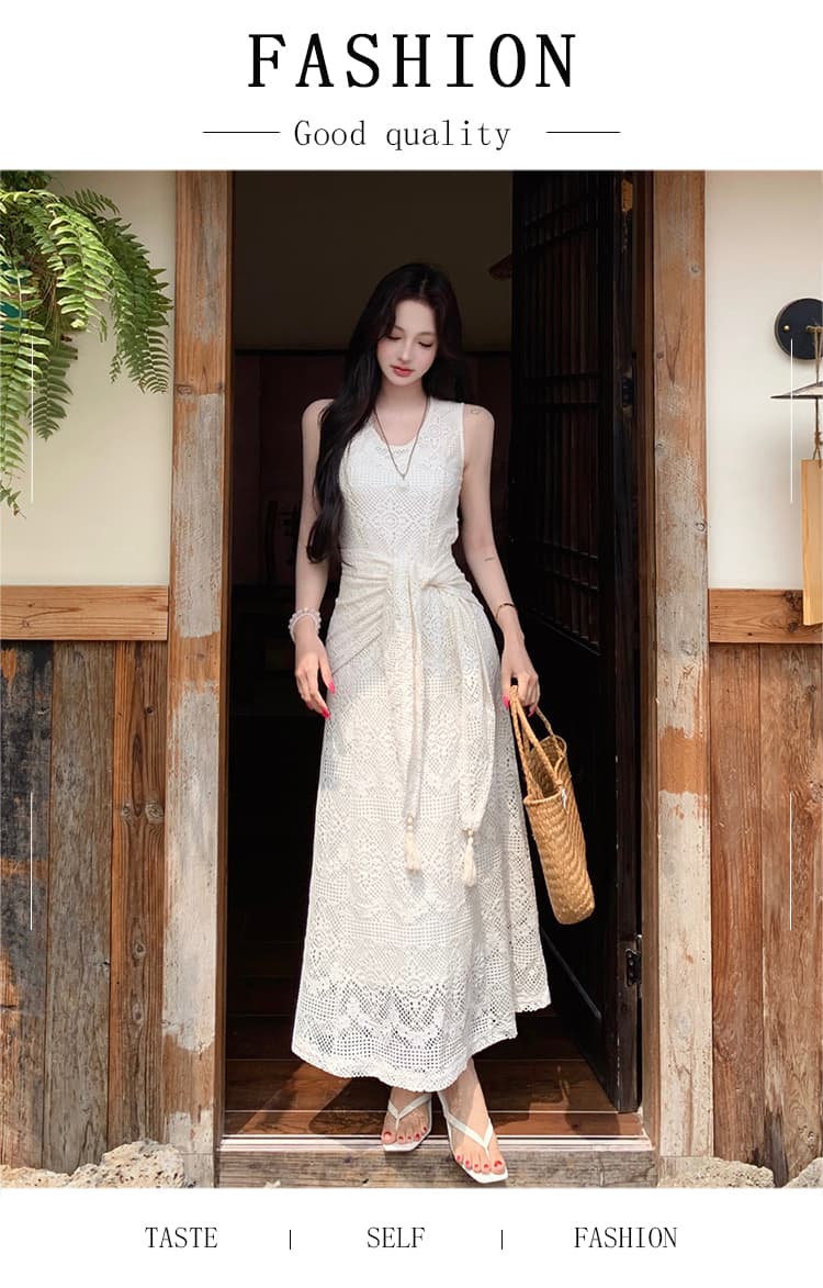 실사 2026 이른 가을 레트로 세련된 V넥 자카드 레이스 조끼 여성 드레스 숄 아름다운 슬림해 보이는 롱 스커트 상세 이미지 1