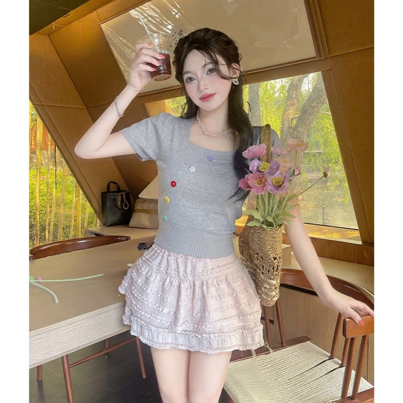 실사 한 부서 달콤한 미국 칼라 색상 버클 반팔 니트 스웨터 여성 여름 드레스 Chic 세련된 외국 가스 연령 감소 쇼트 스타일 맨위 이미지 6