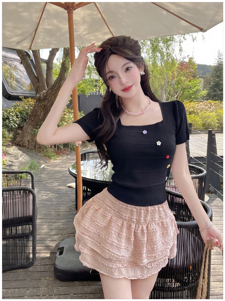 실사 한 부서 달콤한 미국 칼라 색상 버클 반팔 니트 스웨터 여성 여름 드레스 Chic 세련된 외국 가스 연령 감소 쇼트 스타일 맨위 상세 이미지 19