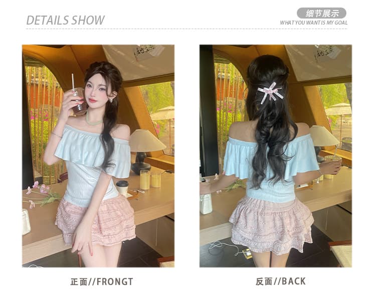 실사 파란색 순수한 욕망 프릴 보트넥 니트 스웨터 여성 여름 새로운 몸매 가꾸기 슬림해 보이는 아름다운 핫걸 맨위 상세 이미지 2