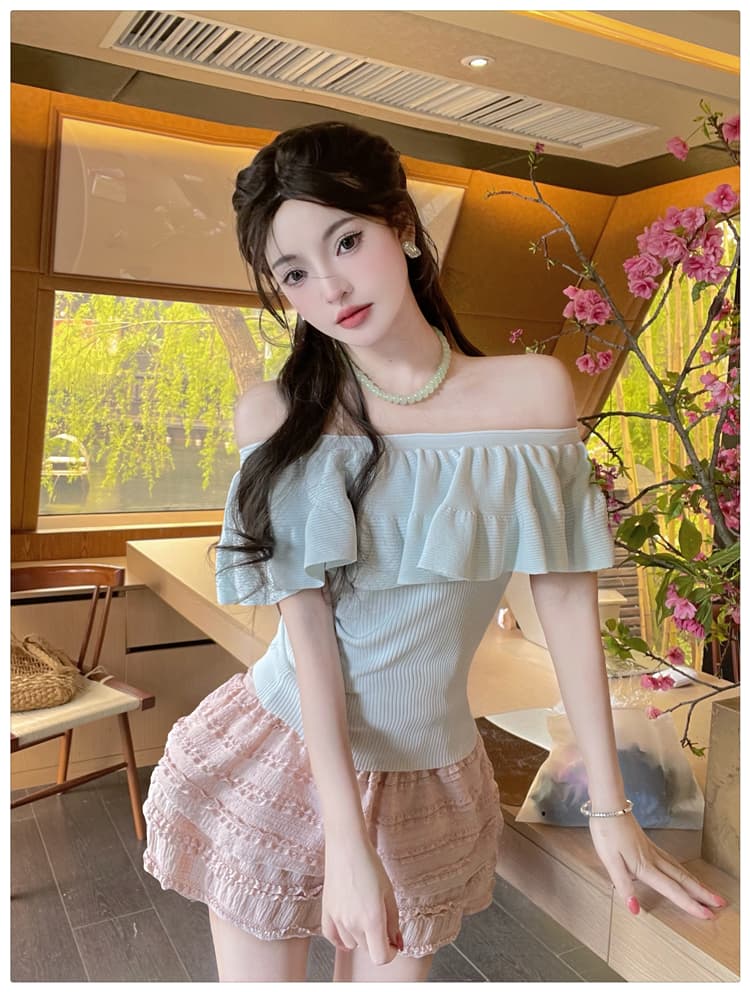 실사 파란색 순수한 욕망 프릴 보트넥 니트 스웨터 여성 여름 새로운 몸매 가꾸기 슬림해 보이는 아름다운 핫걸 맨위 상세 이미지 12