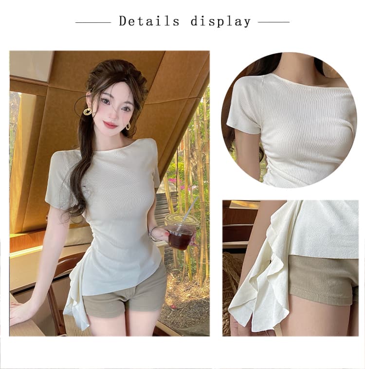 실사 불규칙 프릴 밑단 리본 반팔 니트 스웨터 여성 여름 새로운 몸매 가꾸기 슬림해 보이는 티셔츠 맨위 상세 이미지 3