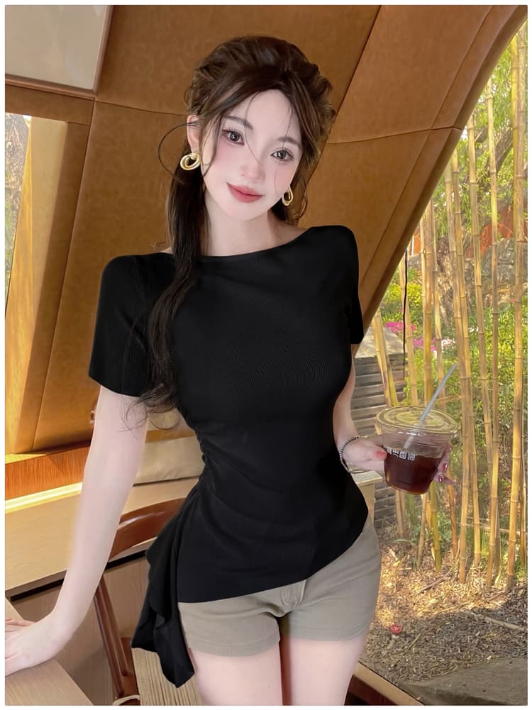 실사 불규칙 프릴 밑단 리본 반팔 니트 스웨터 여성 여름 새로운 몸매 가꾸기 슬림해 보이는 티셔츠 맨위 상세 이미지 18
