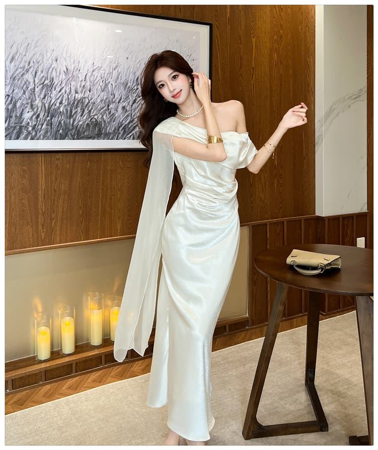 실사 2026 여름 새로운 화이트 새틴 비스듬한 어깨 여성 드레스 프랑스식 고급 센스 리본 몸매 가꾸기 예복 롱 스커트 상세 이미지 15