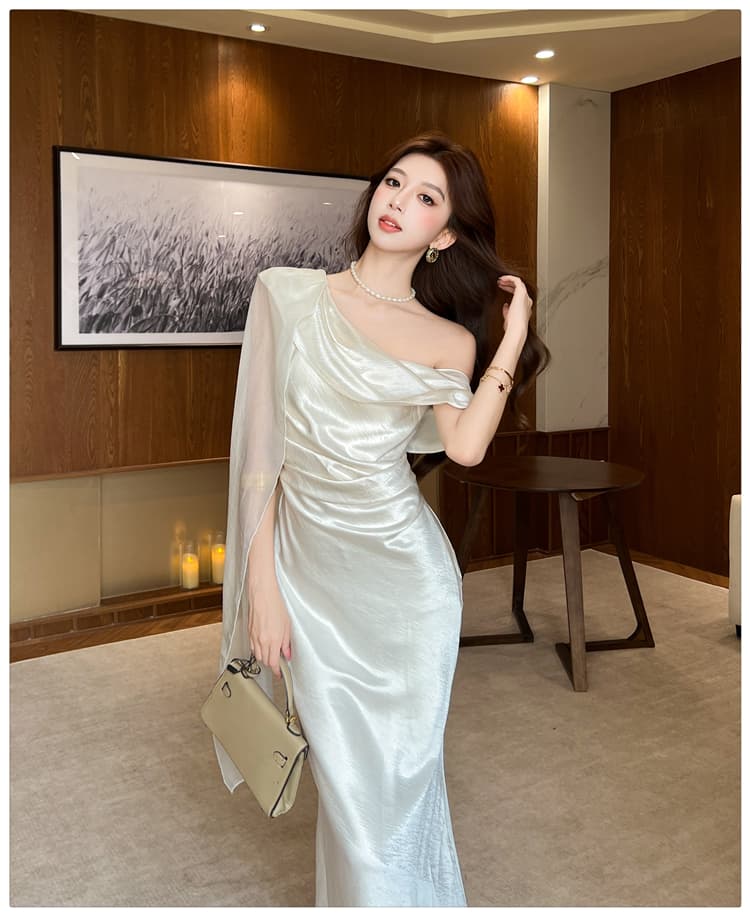 실사 2026 여름 새로운 화이트 새틴 비스듬한 어깨 여성 드레스 프랑스식 고급 센스 리본 몸매 가꾸기 예복 롱 스커트 상세 이미지 19