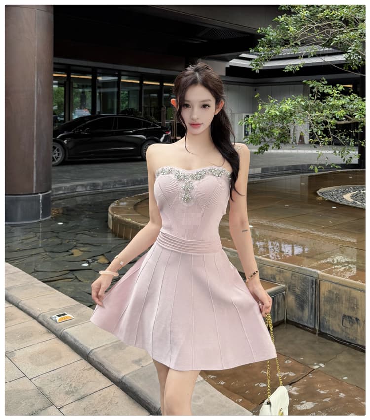 실사 프랑스식 명문 여성 니트 튜브탑 치마 여성 여름 무거운 작업 훈련 허리 수축 플리츠 스커트 작은 키 부드러운 바람 데이트 치마 상세 이미지 17