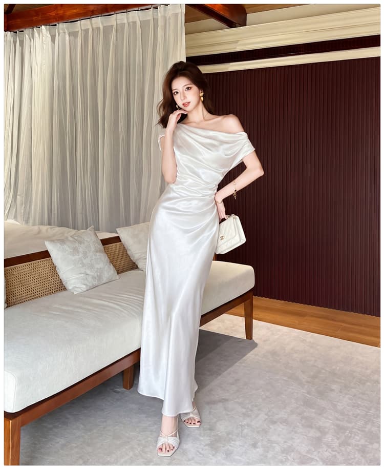 실사 흔들다 칼라 비스듬한 어깨 드레스 프랑스식 품격 허리 수축 고급 센스 인어 꼬리 스커트 여성 여름 새틴 오프숄더 작은 드레스 상세 이미지 21