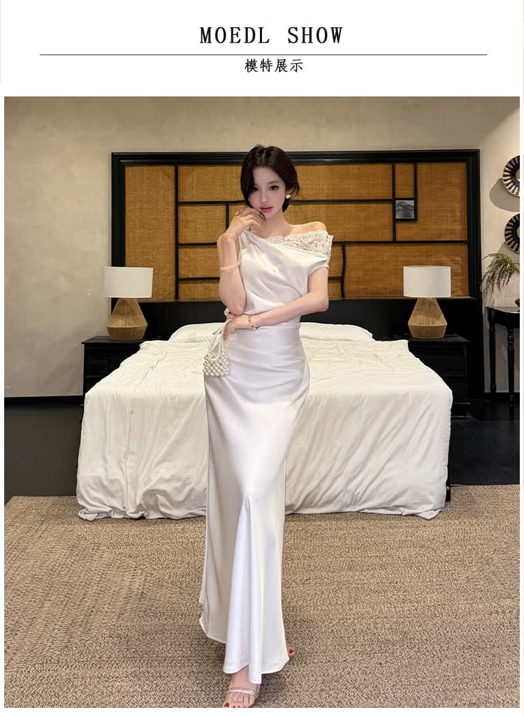 실사 프랑스식 부유 한 가족 천 골드 화이트 새틴 빛 예복 몸매 가꾸기 허리 수축 비스듬한 어깨 민소매 여성 드레스 여름 새로운 상세 이미지 5